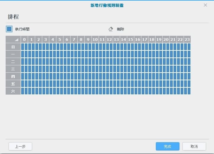 新增行動規則精靈排程頁，星期日到星期六 0到23時全部設為執行時間